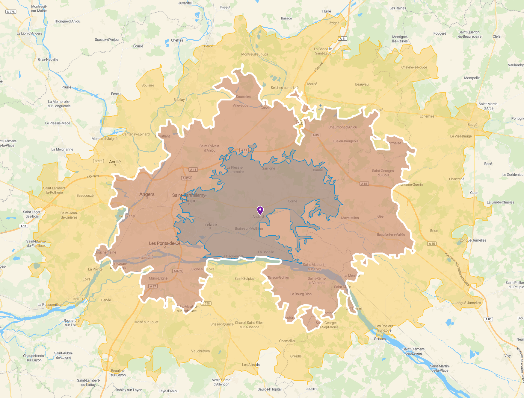 Carte des zones d'intervention Animalis Pet-Sitting autour d'Angers